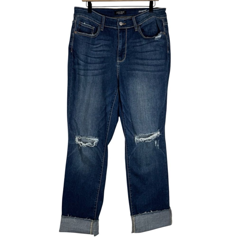 Judy Blue Jeans Mid Rise Tall Minimal Destroy Straight 4” Cuff Stretch Denim 14